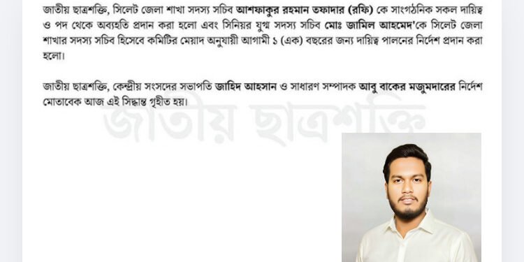 জাতীয় ছাত্রশক্তি সিলেট জেলার ভারপ্রাপ্ত  সদস্য সচিব হলেন মো: জামিল আহমেদ